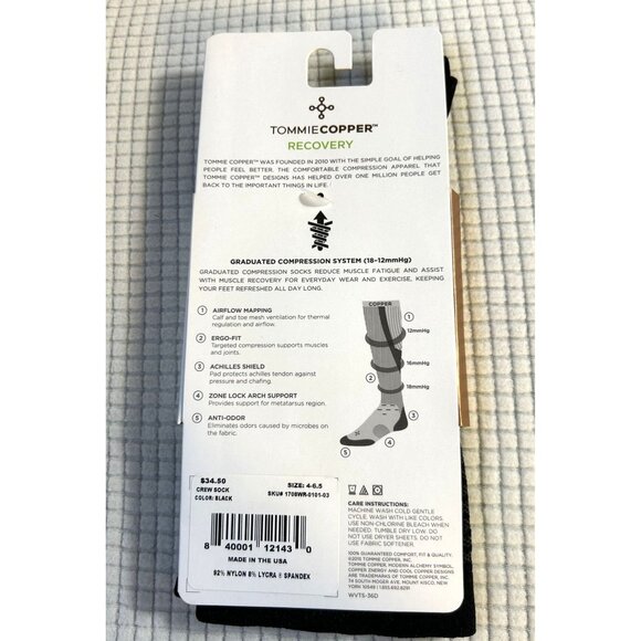 Tommy Copper Recovery Black Crew Socks, Copper infused, Anti-odor, Arch support - Picture 2 of 3